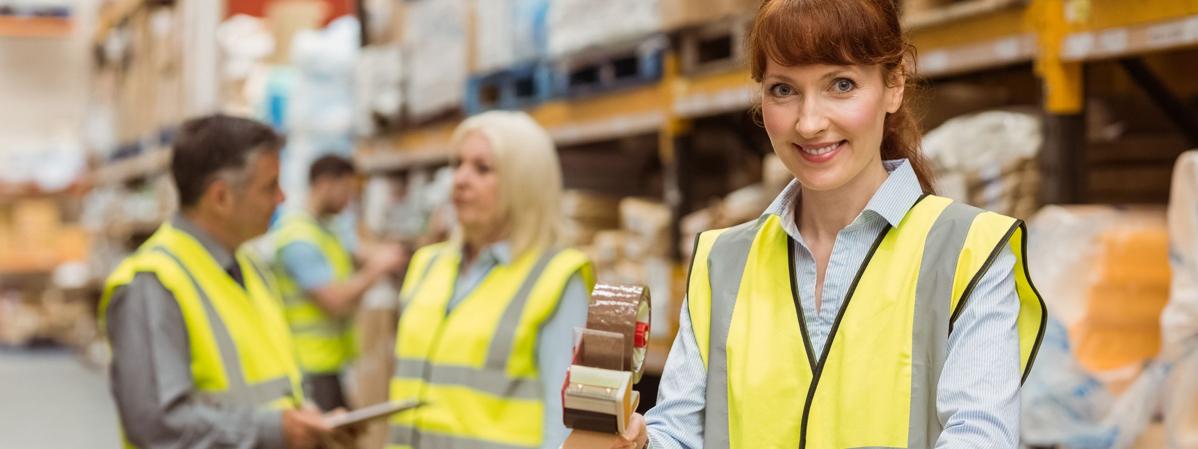 Eine Verpackerin mit Warnweste lächelt, während sie Verpackungsmaterial in einem Lagerbereich hält.