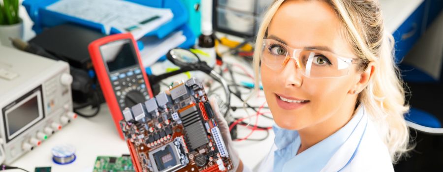 Zwei Männer in blauer Arbeitskleidung arbeiten in einer Produktionshalle mit einem Schweißgerät, Funken fliegen.