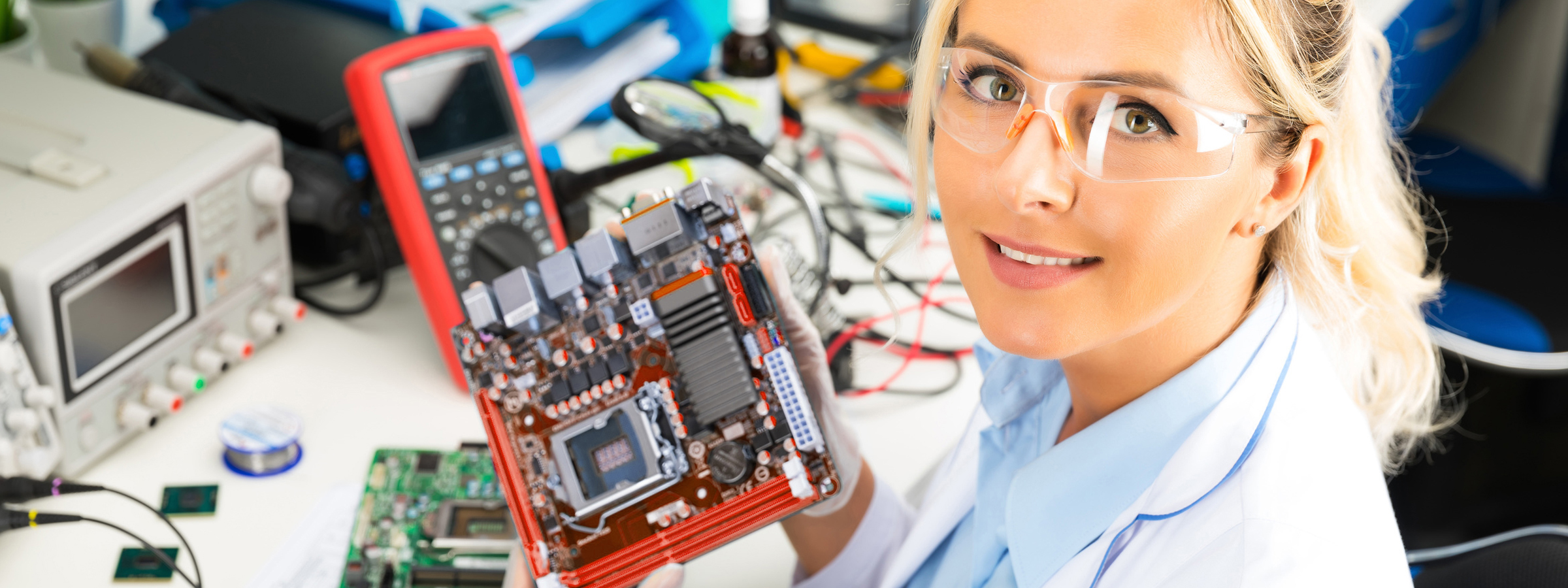 Frau mit Schutzbrille hält eine elektronische Leiterplatte an einem Prüf- und Messarbeitsplatz