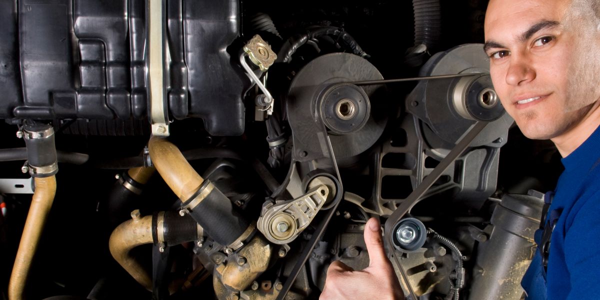 Ein Mechaniker in blauer Arbeitskleidung arbeitet an einem Motor und zeigt mit einer Daumen-hoch-Geste in die Kamera.